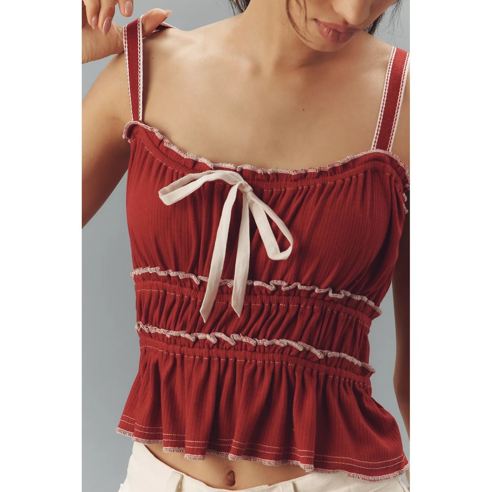 Anthropologie Pilcro Tiered Ruffle Hem Ruched Tank Top Red Cami Ribbed - Medium